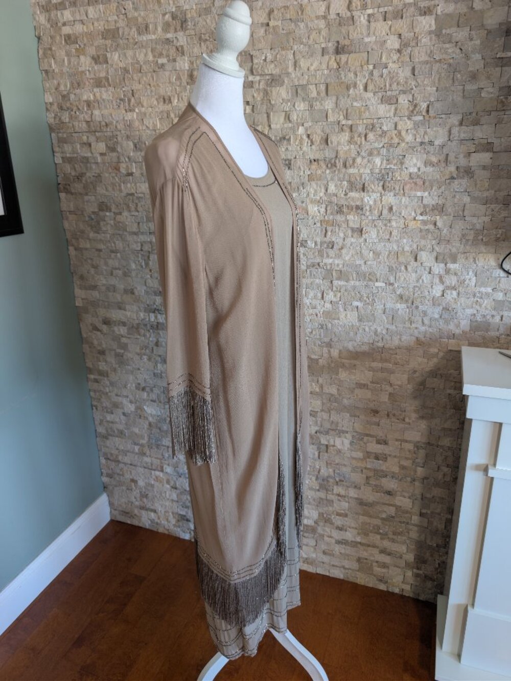 Chan Luu Beaded Maxi Dress Cardigan Set Tan Chiffon Fringe Racerback Slit L - Picture 5 of 16